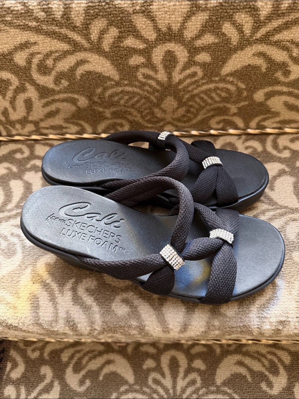 Skechers Black Luxe Foam Slide Sandals with Rhinestone Accents